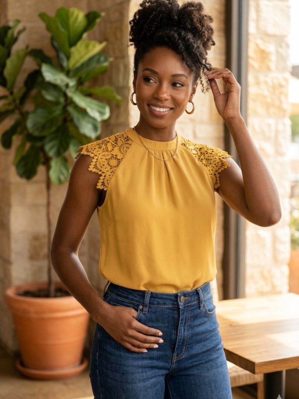 Express Mustard Yellow Crochet Lace Shoulder Sleeveless Blouse Size XS Mock Neck